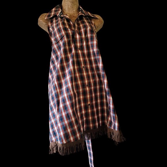 Plaid Halter Apron Cowgirl Country Girl  Top With Fringe Hem & Tie Back - Picture 1 of 15